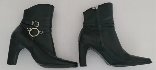 Harley Davidson Zip Ankle Boots Black Leather Harness Strap Block Heel Size 6M