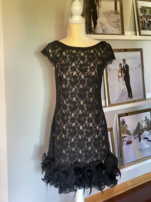 jessica simpson black lace dress with feathers Jessica Simpson Lace & Feather Black Dress Size 10