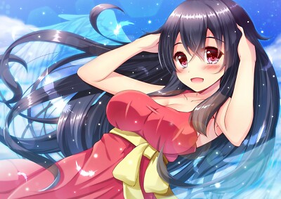 Anime girls black hair cleavage dress long red eyes sky CCG Gaming Mat Desk
