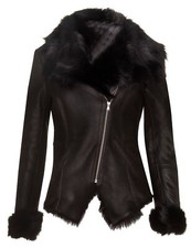 Women's Black Shearling Biker Jacket Sheepskin Aviator Leather Toscana Merino