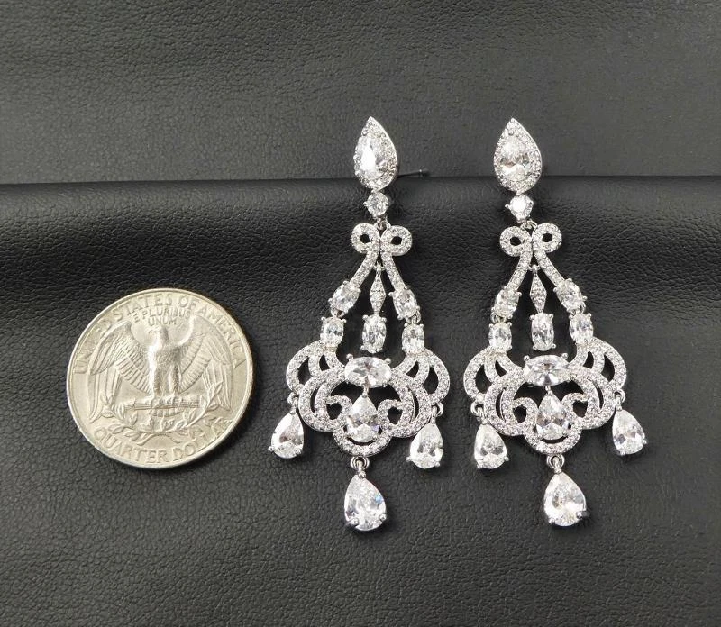 Pendientes de araña grandes elegantes glamour nupcial circonita cúbica chapados en rodio de plata brillante Foto 2 de 4