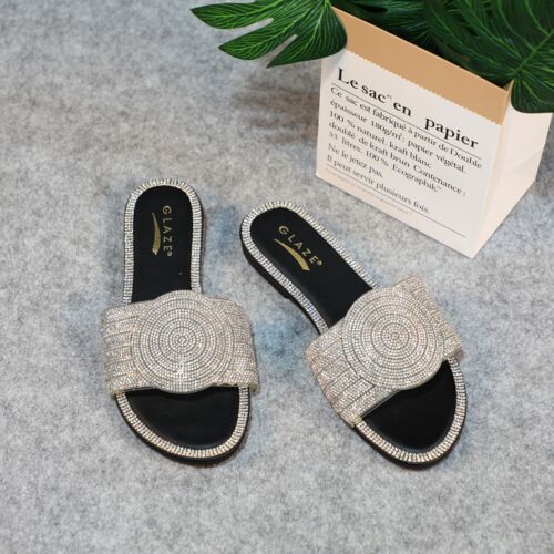Lurnyet Women's Rhinestone Slide Sandals Crystal Flat Slip-On Summer Shoes - Picture 3 of 37