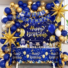 Blue and Gold Birthday Decorations, Blue Gold White Foil Balloons Happy Birth...