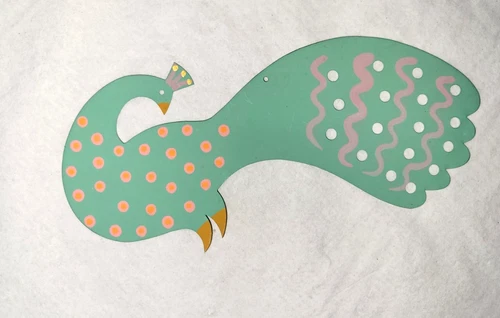 Vintage B Cukla  handmade, hand painted tin peacock signed Christmas ornament