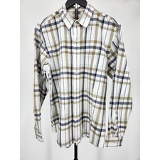 Van Heusen Studio Mens Large Plaid Button Down Shirt Olive Navy Blue Long Sleeve
