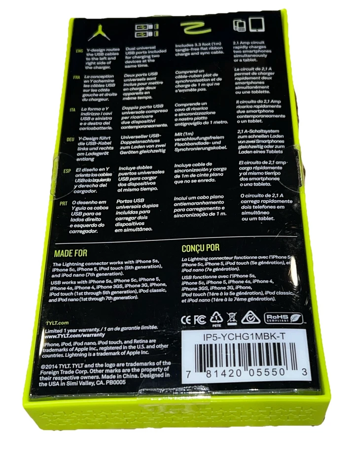 NEW Tylt Y-CHARGE 2.1 Dual 2-USB Car Charger Apple iPhone Cable - Image 2 of 2