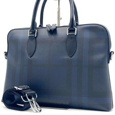 Burberry London Check Navy 2 Way Business Bag A4 PC Briefcase Auth