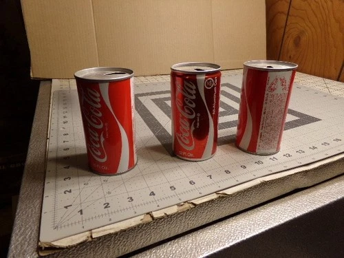 3 Vintage Pull Top Coca Cola Cans. Empty. 2 Steel, 1 aluminum