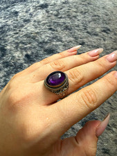925 Sterling Silver Oval Purple Amethyst Stone Chunky Modernist Ring Size T/U