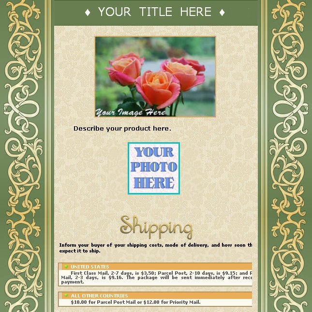 AUCTION TEMPLATE Green Flourish Border Design - FREE Email Shipping