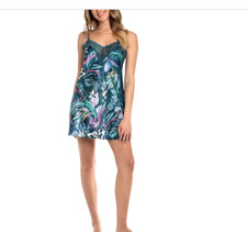 Linea Donatella Women Printed Satin Lace-Trim Chemise - Turquoise Size XL 10004