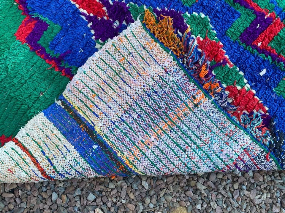 Hand-knotted Moroccan Vintage Rug 3'4x7'9 Assorted Berber Green Blue Cotton Rug - Image 2 of 4