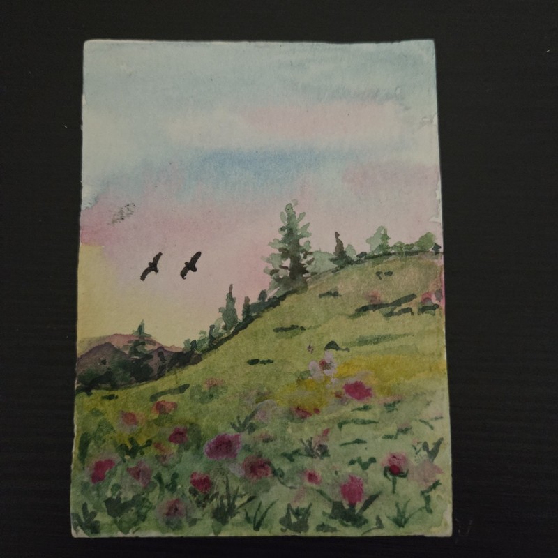 Original ACEO Watercolor Mini Painting 2.5x3.5 Inches  "Flowers On The Hill"