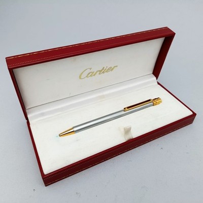 CARTIER LE MUST SANTOS II SATIN STEEL GOLD TRIM BALLPOINT PEN  VINTAGE EXCELLENT