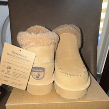 BEARPAW Women's Beige Suede Faux Fur Lined Bootie Slippers US 6 Rubber