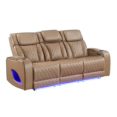 Modern Recliner Sofa w/ Massage, LED Lights, Storage & Charging, Caramel