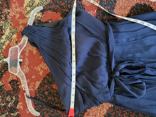 Amsale Dress Navy Blue 100% Silk One Shoulder Rouched Gown Belt Side Zip Size 6 - Picture 10 of 12