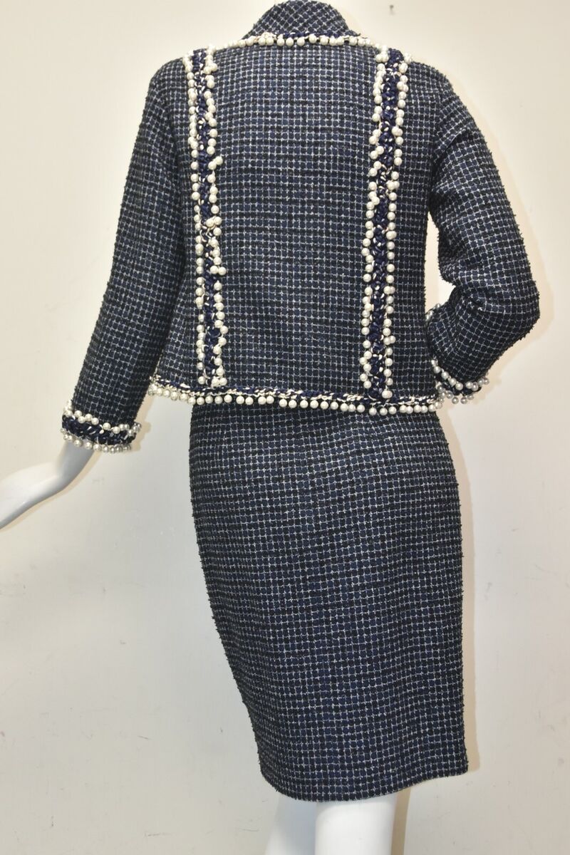 $11890 NEW Chanel SUIT Blue JACKET + SKIRT Blazer Coat CASHMERE Pearl Tweed  38 .