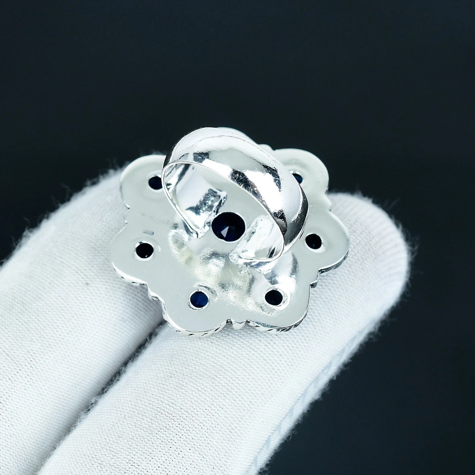 Zaffiro Blu Creato IN Laboratorio 925 Argento Sterling Anello a Fiore Fatto Mano - Immagine 4 di 4