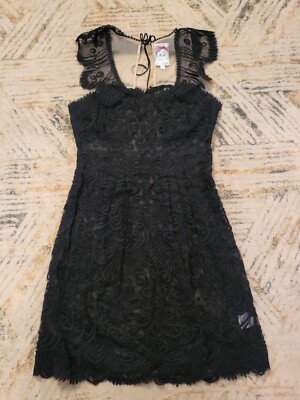 yoana baraschi black lace dress Yoana Baraschi Black Lace Short Dress Size S Embroidered Sleeveless V-Neck