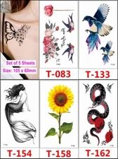 Set of 5 Sheets Sunflower Snake Mermaid Swallow Butterfly Bird Rose Body Tattoo