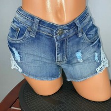 Mudd Jean Shorts Juniors 9 Distressed Denim Crochet Frayed Fringe Hems Bohemian