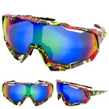 Oversize 90s RETRO SPORTY Wrap Around SUN GLASSES GOGGLES Blue Green Mirror Lens
