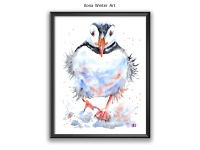Personalised Watercolor Puffin Bird ''Here I Come'' Painting Print by Ilona Winter