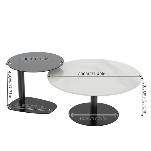 2x Modern Coffee Table Set Round Nesting Table Beech Wood/Sintered Stone + Glass - Picture 21 of 24