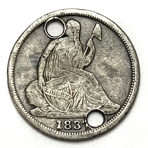 1837 No Stars H10C Seated Liberty Silver Half Dime: Holed
