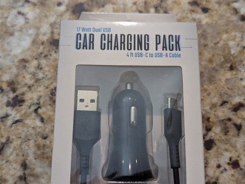InfiniTek 17 Watt Dual USB-C USB-A Car Charging Pack 4 ft Cable Black - Picture 3 of 5