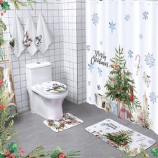 7 Pcs Christmas Bathroom Set Xmas Shower Curtain Decor Shower Curtain Non Sli...