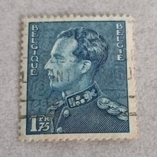 Timbre Belgique bleu portrait 75c / 1,75 Fr oblitéré cachet à la main (1)
