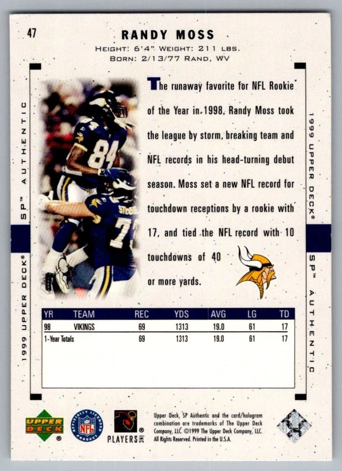 1999 SP Authentic Randy Moss Minnesota Vikings #47 - Image 2 of 2