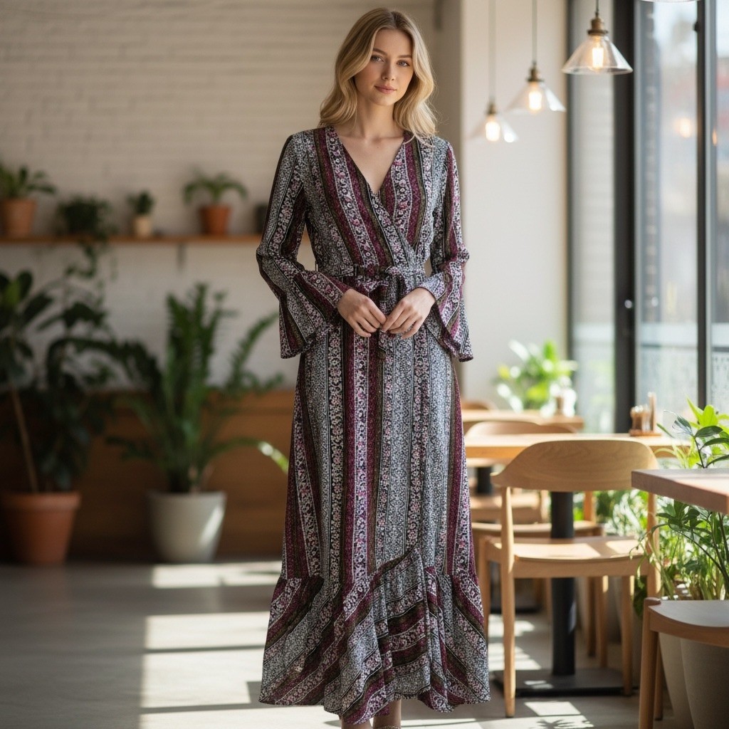 R Vivimos Womens Dress L Pink Green Stripe Wrap Ruffle Maxi Retro Peasant Boho