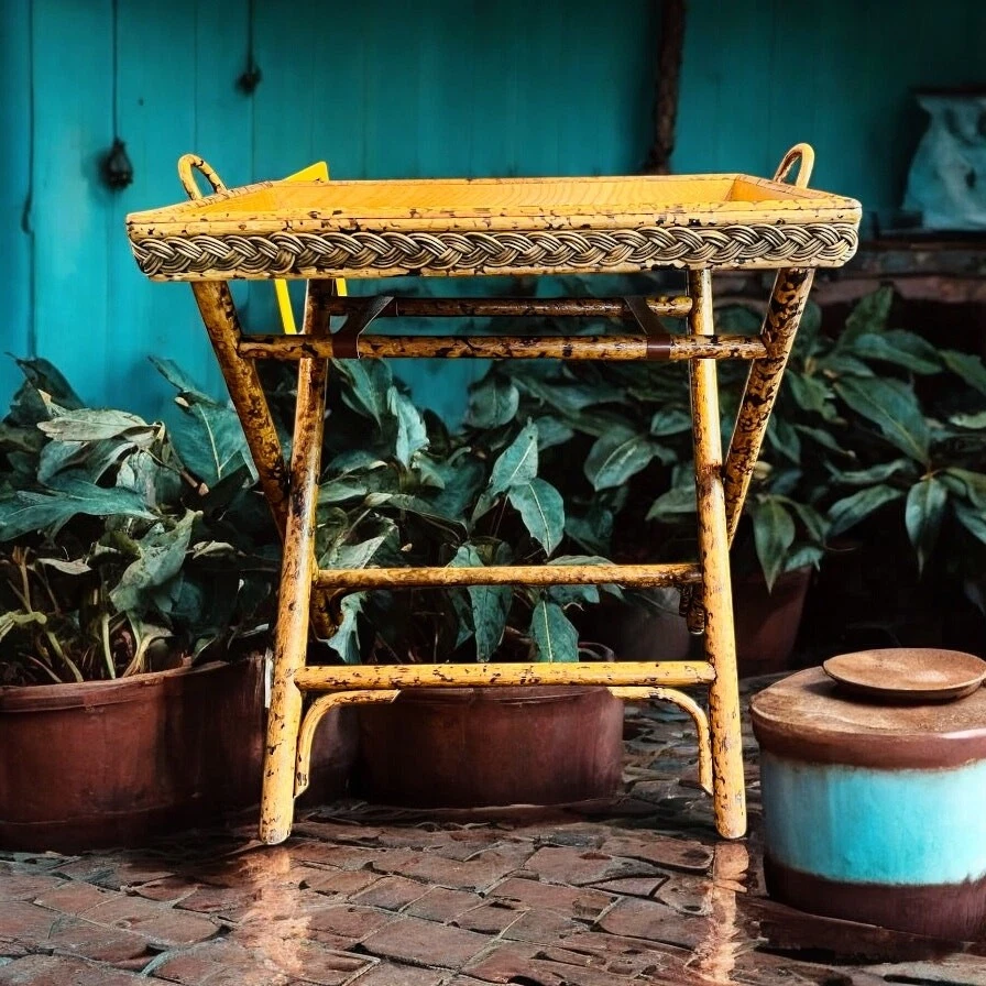 Vintage Burnt Tortoiseshell Bamboo & Rattan Tray Stand-Table-Foldable-Leather  - Image 4 of 4