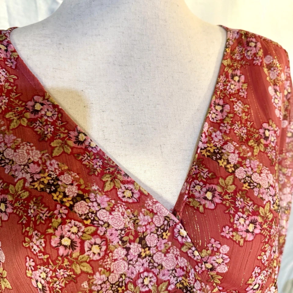 Vestido LC Lauren Conrad Rosa Coral Floral Manga Larga Imitación Envolvente Mujer Talla XL Foto 4 de 4