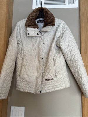 Marmot Women's Medium Med  Cream White St. Moritz Faux Fur Collar Quilted Jacket