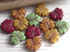 12 - 13x11mm CZECH MAPLE LEAF BEADS ORANGE YELLOW GREEN BURGUNDY 3 OF EACH COLOR
