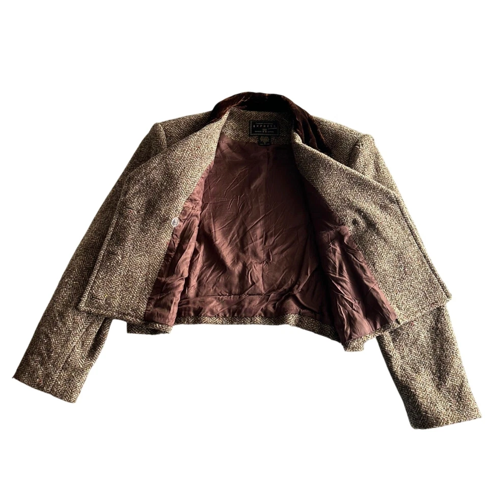 Conjunto de Traje Express De Colección Años 90 Mezcla de Lana Doble Pecho Falda Envolvente Tweed Marrón S Foto 2 de 4