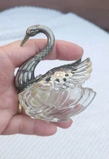 Vintage Swan Salt Glass and Hinged  Silver Plate Wings 3" Tall 