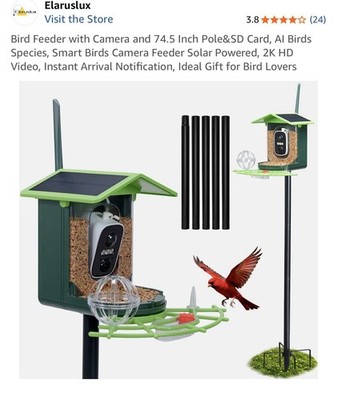 Elaruslux Bird Feeder w/camera & 74.5  Pole & SD Card Solar & Battery 2K HD Vide