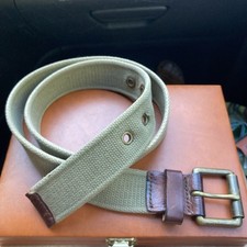 Vtg GAP Canvas Web Belt Sz 32 Brown Leather Tab Brass Harness Buckle Made in USA