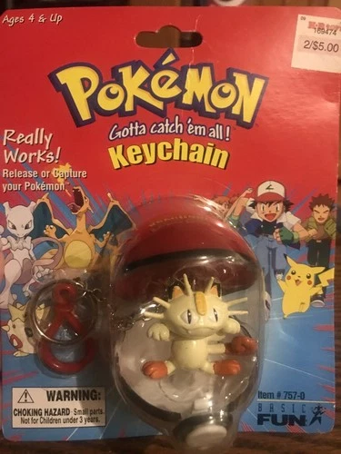 Vintage 1999 Pokemon Keychain Sealed Meowth Basic Fun