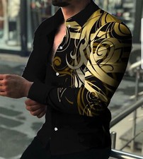 Button Down Shirt Men Long Sleeve Black Gold Leaves Vintage Classic Fit Up Dress
