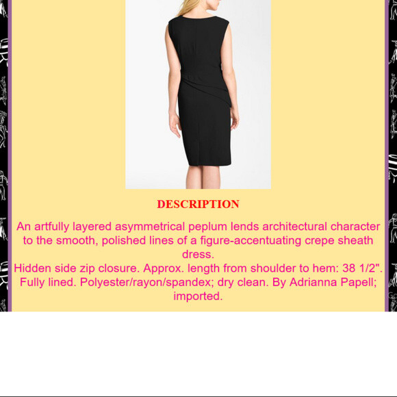adrianna papell black peplum dress Adrianna Papell solid black peplum sheath dress womens 14 NWT short sleeve
