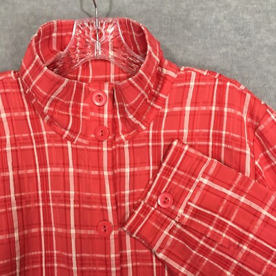 CJ Banks 2X Light Red Shacket Button-Up Plaid Inner Pockets Textured Stretch EUC