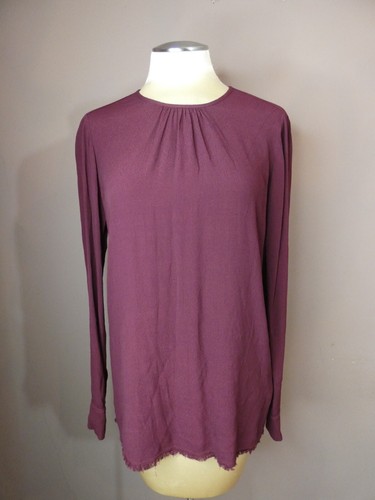 Raquel Allegra Women's 0 Burgundy Long Sleeve Blouse High Gathered Neck Fray Hem - Picture 10 of 10