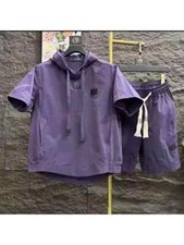 Completo Sportivo Tuta Set Maglia T-shirt Pantaloni Corti Viola Cappuccio 73012