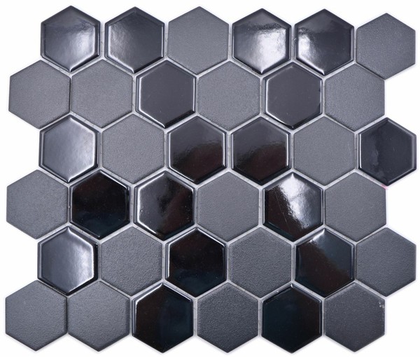 Keramikmosaik Hexagon Schwarz GläNzend Duschtasse 11H-0311-R10 I 10 Mosaikmatten-image